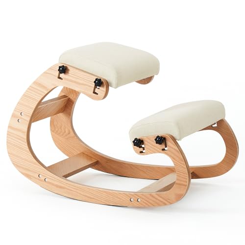 HoeuThien Ergonomic Kneeling Chair, Adjustable Rocking Office Chair Wooden Knee Chair Posture Chair for Home Office Back Pain Relief, Beige