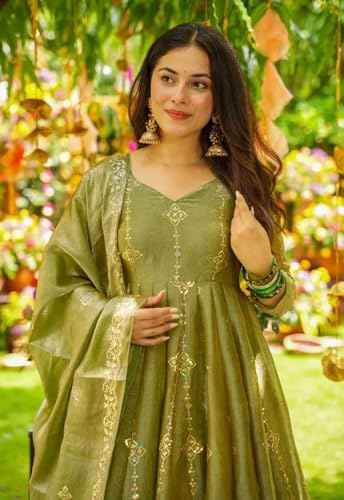 Image of Designer Heavy Crunchy Silk Anarkali Dress for Women | Fully Flared Embroidered Gown with Dupatta | Wedding