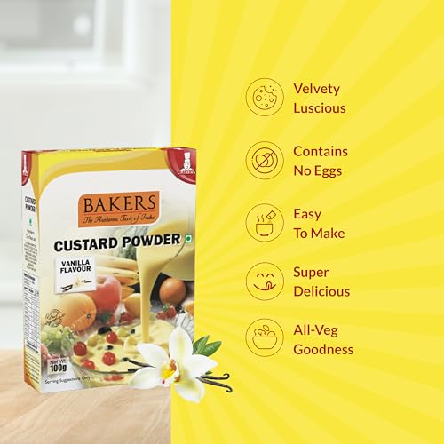 Image of BAKERS Custard Powder | Vanilla Flavor | (100g x 6, 600g) | Contains No Eggs | Long Shelf Life | Makes Smooth, Creamy, Testy & Juicy Custard | Quick & Easy to Make |Best For Fruit Salads & Puddings