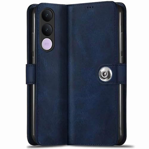 Image of TheGiftKart Genuine Leather Finish Flip Back Cover Case for Vivo V70 FE 5G | Inbuilt Pockets & Stand | Wallet Style | Designer Button Magnet Flip Back Cover Case (Faux Leather, Blue)