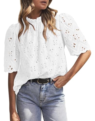 BETTE BOUTIK Womens Lace Tops 2025 Trendy Long Short Sleeve Eyelet Embroidered Dressy Casual Blouse Shirts