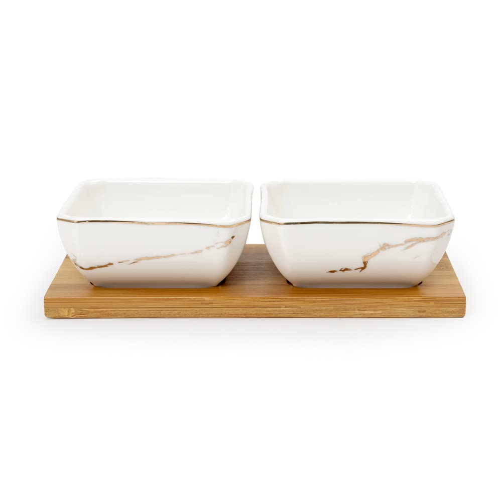 Dyna Marbled - 2 Ceramic Serving Bowl Set on Wooden Tray - Gold & White - Dinnerware - Serveware,Serving Tray & Platter