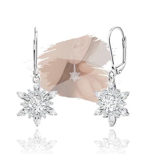 Snowflake Earrings for Women Sterling Silver Leverback Earrings Hypallergenic Clear Cubic Zirconia Sparkle Earring Classic Elegant Winter Christmas Jewelry Gifts for Her Mom Wife