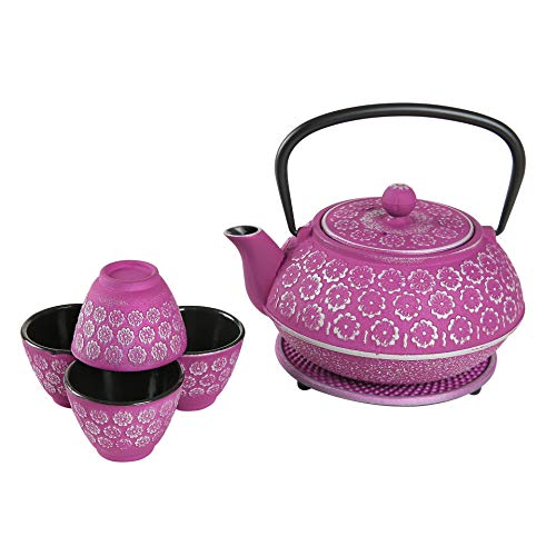 Japanese Cast Iron Teapot Sets34 Oz Tea Kettle and Cups Set with Infuser for Loose Leaf TeaPurple