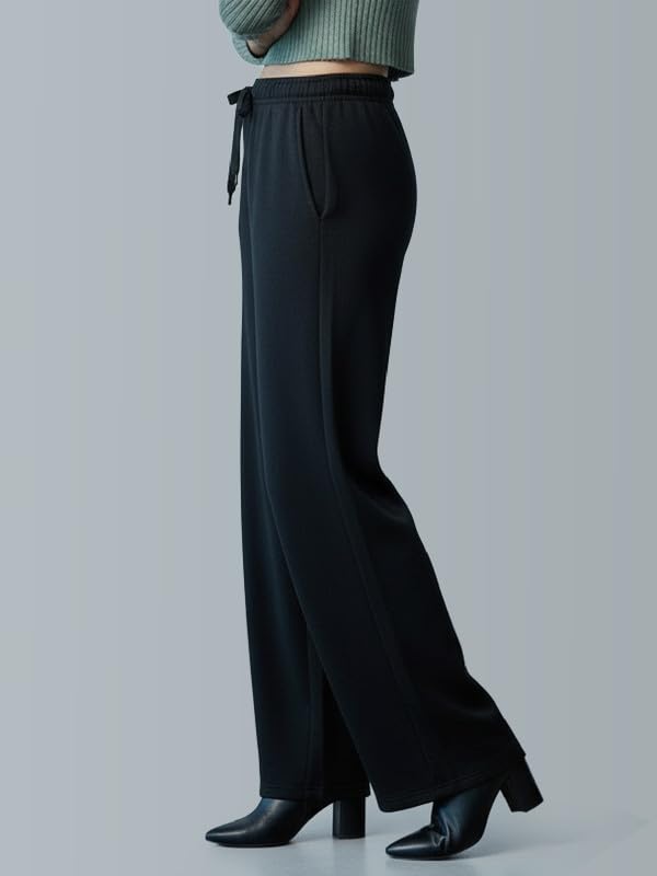 Image of GO COLORS Polycotton Fleece Wide Pants for Women | Relaxed Fit, High Rise