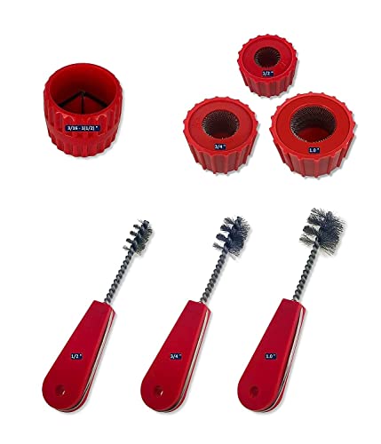 Copper Pipe Cleaner Set [7PC_3-Size] 3 Pipe Cleaning Brushes 3 Fitting Cleaners and 1 Reamer, Clean 1/2, 3/4, 1.0-Inch Pipes &amp; Fittings for Soldering