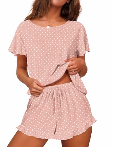 Image of Ekouaer Women's Pajama Set Ruffle Sleeves Top and Short | 2 Piece Ruffle Hem Sleeves Top and Shorts Pjs Set, Soft Short Sleepwear Set, Elastic Waistband Design