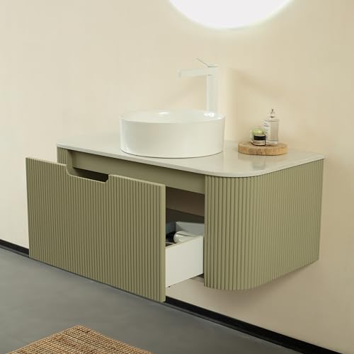 Image of KEIKI 36 inch Bathroom Vanity Cabinet with Sink Combo, Wall Mounted Curved Edges Striped Floating Bathroom Vanity with Soft-Close Drawer, White Round Ceramic Basin Without Faucet, Light Green