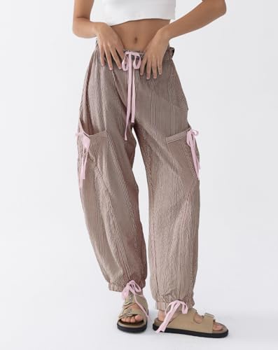Women Striped Barrel Pants Drawstring Casual Baggy Boyfriend Y2K Streetwear Parachute Pants with Pockets2