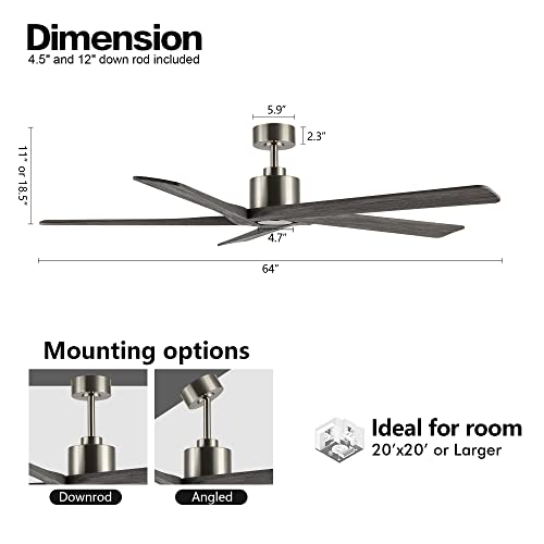 Wingbo 64 Inch Dc Ceiling Fan Without Lights, 5 Reversible Carved Solid Wood Blades, 6-Speed Noiseless Dc Motor, Ceiling Fan No Light With Remote, Brushed Nickel Finish With Gray Blades, Etl Listed #TOP2