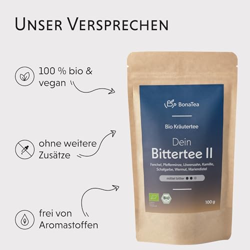 BIO Bittertee mit Löwenzahn, Wermut, Mariendistel und weiteren leckeren Bitterkräutern - Bitterstoff Kräutertee 100g Intensität: Mittel