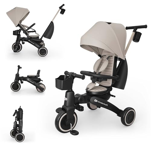 Kinderkraft Jazz 3 Triciclo, Asiento Giratorio 360°, posición semirreclinada, Plegable, Capota UPF 50+, Manillar para Padres, función de Bicicleta de Equilibrio, Beige