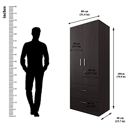 Image of VIKI Wardrobe | Wooden Almirah for Clothes,Door for Bedroom, 2 Door Wardrobe with Drawer & Hanging Space (Dark Wenge - 40D x 80W x 180H) | 1 Year Warranty | Free Assembly
