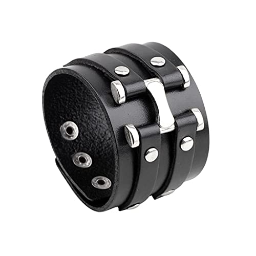 Aabellay Schmuck Herren Armband Leder Legierung Breit Armreif Leder Armbänder Retro Lederarmband Breiter Gürtel Manschette Metall Armreif Leder Gürtelschnalle Armband - Niet Schwarz Cover