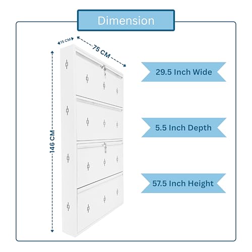 Image of Premium 4 Door Wall Mount Metal Shoe Rack | 30 inch Wide | Fits Size 12 Shoes | Dual Lock 2+2 Door Setup (Premium White, 4 Door)