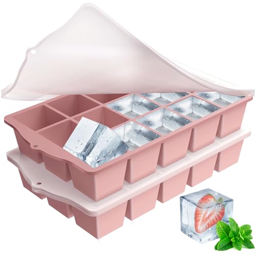 ZUIMENG Bac a Glacon avec Couvercle, Glacons Moule en Silicone Sans BPA, Bac à Glaçons Empilable pour Cocktail Whiskey Bebe Puree (Rose, 2 Pièces)