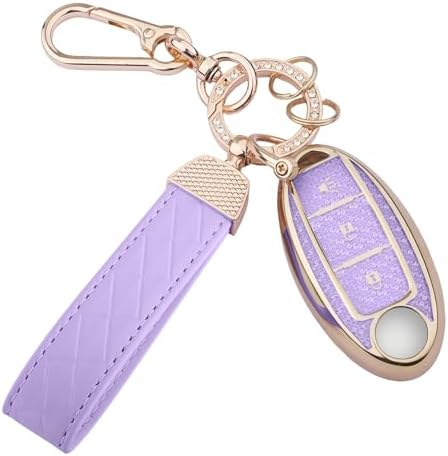 for Nissan 3 Buttons Key fob Cover, Soft TPU Keys Protector Bling Key Fob Keychain for Rogue Armada Pathfinder Versa Smart Key, Gold Purple image 5