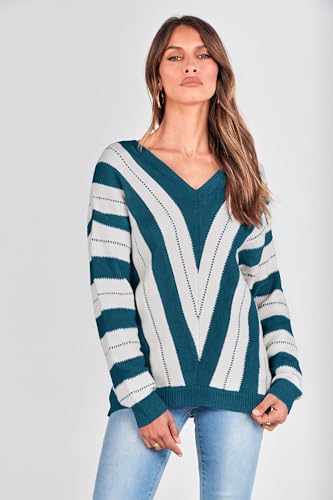 PRETTYGARDEN Sweaters for Women 2025 Long Sleeve Striped Knitted V Neck Pullover Jumper Tops Fall Outfits Fashion Clothing