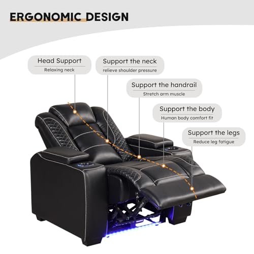 Image of ANJ Power Home Theater Seating Recliner Chairs Set of 2, PU Leather Recliner with Cup Holders, Electric Movie Theater Reclining Chair with Adjustable Headrest, LED Lights, Hidden Arm Storage (Black)