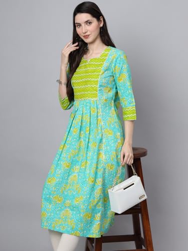 Image of JAPER KURTI Womens Pure Cotton Jaipuri Floral Print Aline Blue Color Kurta