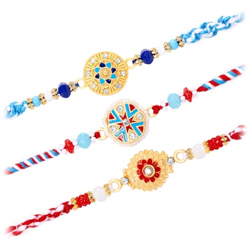 Image of Peora Rakhshabandhan Thread Rakhi for Brother Bhaiya | Crystals & Kundan Studded | Combo, Set of 3 | Rakhi Hamper with Roli Chawal & Greeting Card