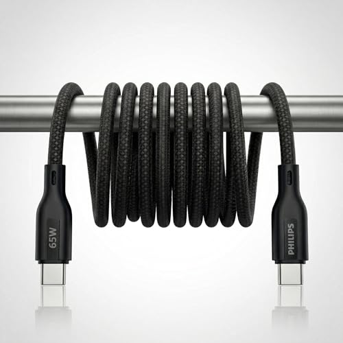 Image of PHILIPS DLC4130CB /94 65W Type-C to Type-C Fast Charging Cable (1m, Dark Slate) | Nylon Braided | Compatible with iPhone 15+ Series, USB-C iPad Models, Samsung Galaxy & All Type C Devices