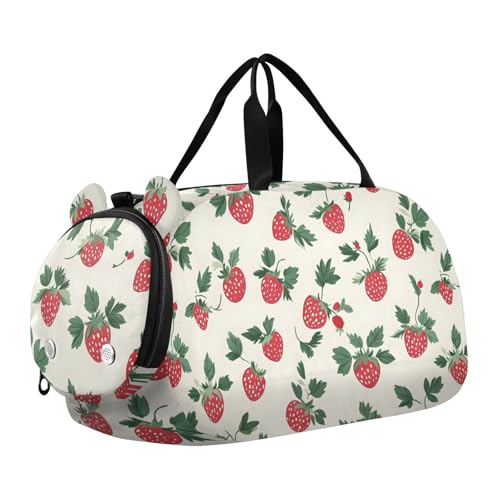 Duffle Bag for Boys or Girls with Shoes Compartment, Strawberry Cartoon Sports Travel Bag Overnight