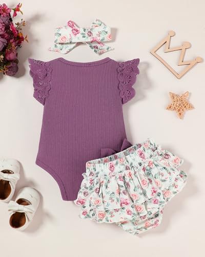 FAMIHAO Big Sister Little Sister Matching Outfits Baby Girl Romper Tops with Floral Shorts Summer Clothes Set,3-6M Purple — view 2
