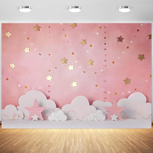 7x5ft Pink Backdrop Pink Sky White Cloud Starry Stars Photography Background Girls Birthday Baby Shower Party Banner Decorations Supplies Photo Booth Props