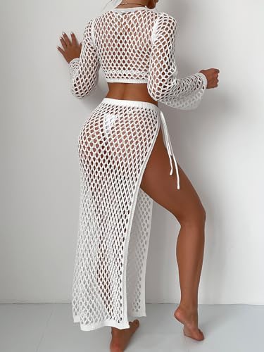 Verdusa Women's Hollow Out Crochet Crop Cover up Top and Tie Side Skirt Beach Bikini Cover Up Sets2