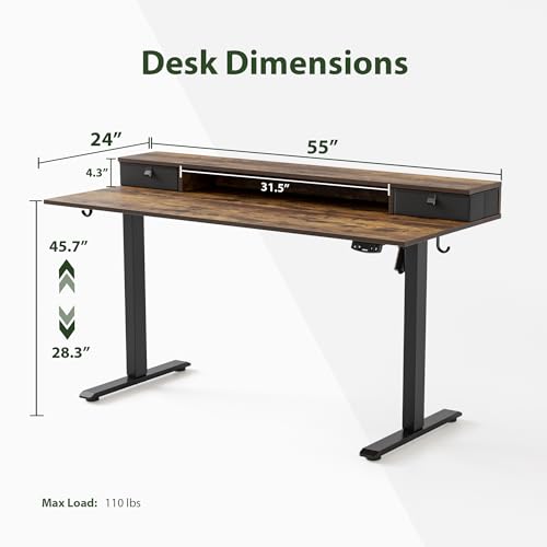 Image of Agilestic 55 x 24 Inches Height Adjustable Electric Standing Desk with 2 Drawers, Stand Up Electric Desk Adjustable Height, Sit Stand Computer Gaming Table with Splice Board, Rustic Brown