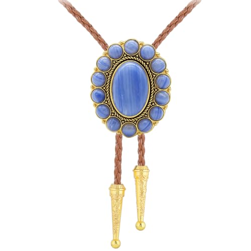 Image of GelConnie Bolo Tie for Men Women Western Cowboy Turquoise Leather Necktie | Natural Stone Bolo Tie Necklace for Women Rodeo Cowboy Leather Necktie Native American Western Cowgirl Ties Adjustable Cord
