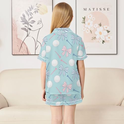 Satin Pajama Sets Short Sleeve Golf Balls Tees Bows Pattern Button Down Silky Nightwear 2 Piece PJS 5-14Y4