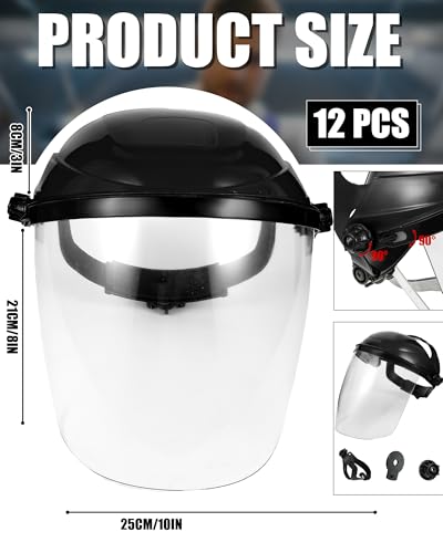 Image of Tellegloww 12 Pack Face Shield for Grinding and Cutting, Black Frame | Clear Impact-resistant Visor, Adjustable Headband, Chemical Splash Protection, Woodworking Debris Guard, Full Coverage