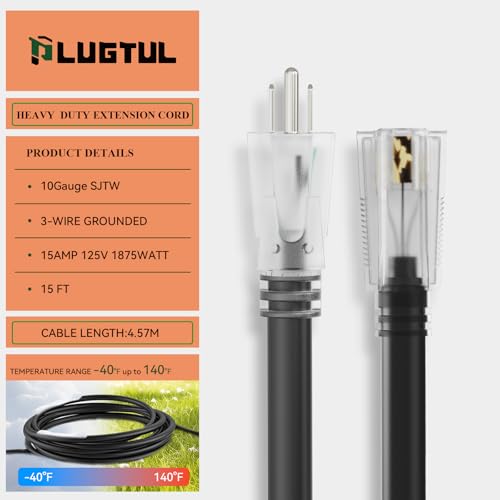 PLUGTUL 10 Gauge Extension Cord 15FT | Black Outdoor Extension Cord with Lighted End, Heavy Duty, 15A 1875W SJTW, ETL Listed by PLUGTUL - Used condition - Image 2