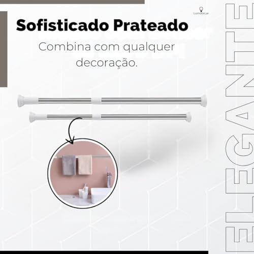 Varão Extensível para Cortina Regulável de Banheiro e Cozinha - Suporte de Pressão Sem Furar, em Alu
