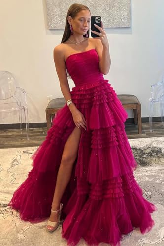 Shiny Tulle Prom Dresses Ball Gown Strapless Ruched Bodice Ruffles Tiered Skirt Evening Dress with Slit3