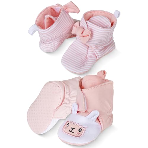 Rising Star Fleece Baby Booties Girls 9-12 Months, 100% Cotton, Hook & Loop Closure & Non Slip Grippers Baby Slippers that Stay On (Pink Alpaca)