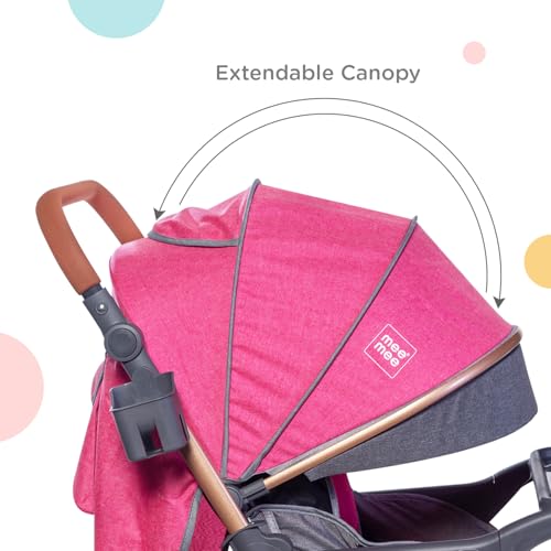 Image of Mee Mee Baby 2-in-1 Pram /Stroller Cum Rocker, with 3 Reclining Positions, Wheel Brakes, Reversible Handle, Water-Resistant Canopy, Spacious Storage Basket, and 5-Point Safety Harness (0-3 Yrs, Red)