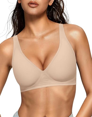 Image of OEAK Womens Deep V Bras Wireless Comfortable Bra Supportive No Underwire Bras Tshirt Push Up Bralettes Plunge Seamless Bra