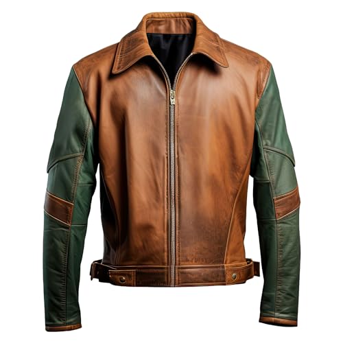 Generic Men's Distressed Brown Sea Green Leather Jacket with Shirt Collar, Lightweight Racing Style