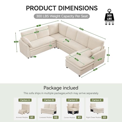 Image of 110 inch Sectional Couches with Right Chaise, Comfy Deep Dual-Layer Cushion Couch, 7 Seater U Shaped Couch, Modern Modular Sofa, Chenille Sofas for Living Room, Apartment, Beige