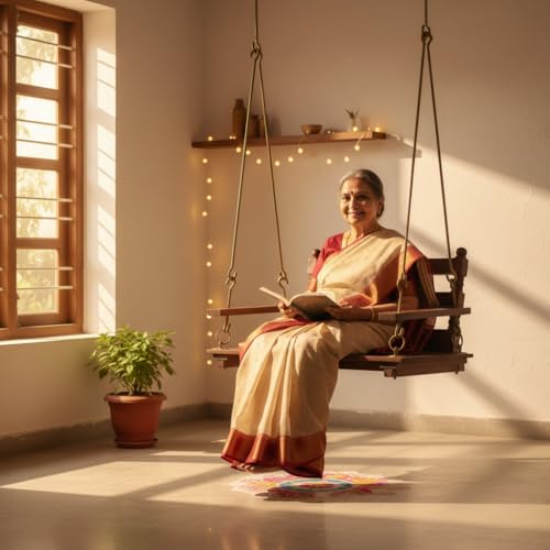 Image of APRODZ Swing for Home Solid Sheesham Wooden Jhula for Adult for Home | Traditional Wooden Swing for Balcony | Hanging Swings with Brass Coated Chain | Patio Double Seater Indoor /Outdoor, Honey