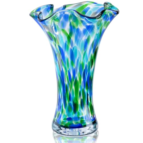 Hand Blown Glass Vase for Flowers 9 Unique Murano Style Art Glass Vase Wide Mouth Teal Turquoise Swirl Decorative Colorful Blue Green Vases for Home Decor Living Room Table Centerpiece Shelf