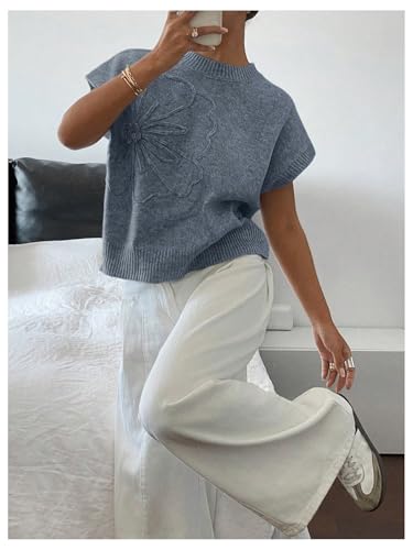 Image of SOLY HUX Women's Short Sleeve Sweater 3D Floral Sweaters Pullover Tank Tops Knit Vest Trendy Fashion Clothing