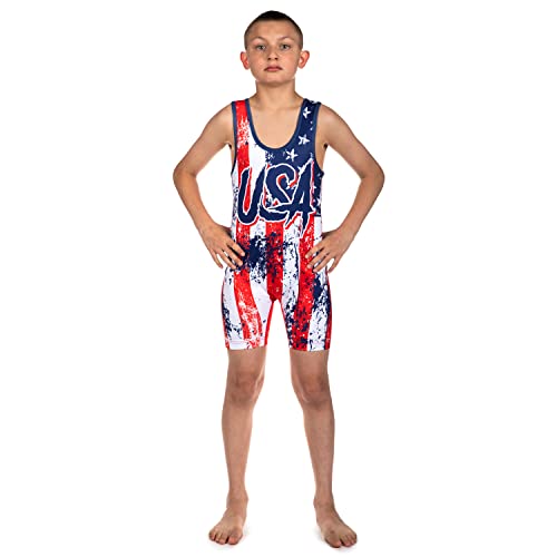 Ko Sports Gear - Unisex Wrestling Singlet, Comfortable & Breathable, 4 Way Stretch, Gymnastics, Running, Weightlifting (Usa Flag, Youth Large) #TOP3
