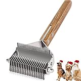 Undercoat Rake for Dogs Cats, 2 in 1 Dematting Comb | Deshedding Brush Grooming Tool for Long Medium Haired, Pain Free Removing Tangle, Loose Hair From Animals Coat, Stainless Steel with Wooden Handle