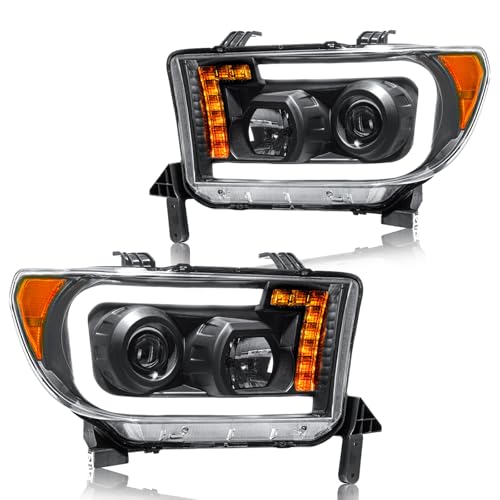 DimFlux Fit 2007-2013 Toyota Tundra 2008-2017 Sequoia Pair Headlights w/Projector Low Beam LED DRL Driver Passenger Side Chrome Housing Amber Reflector