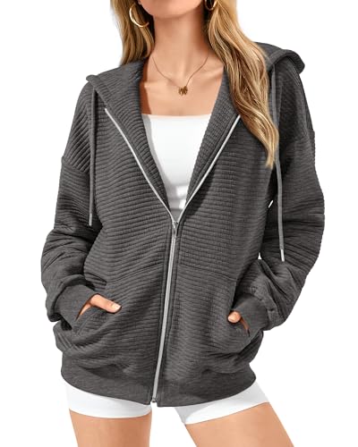 BTFBM Zip Up Hoodie Women Long Sleeve Sweatshirts Fall Outfits 2025 Oversized Hoodies Casual Fashion Jackets(Solid Dark Grey,Small)