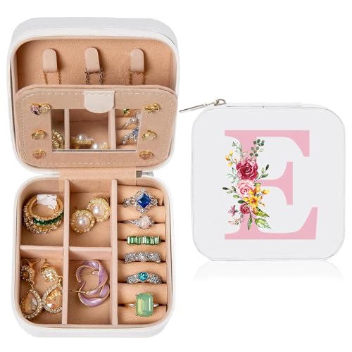 hamatata Joyero con Nombre Inicial E joyero Pequeña Portátil Joyero Viaje con Espejo Mini Joyero Personalizado Organizador de Joyas para Mujer Niña Regalo de Cumpleaños Día de la Madre Navidad Blanco
